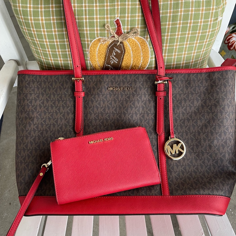 Michael Kors Red and Brown Women's Tote Bag and wallet set